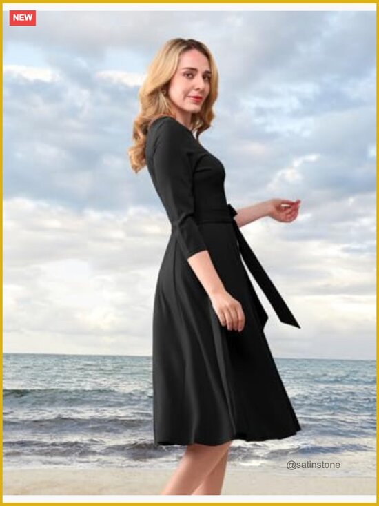 Vintage Cocktail Dress with 3/4 Sleeves, A-Line Fit and Flare, Nylon Elastane - Picture 3 of 7